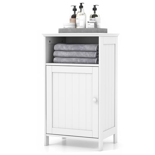 RELAX4LIFE Bathroom Floor Cabinet, Single Door Side Cabinet Bathroom Unit with Open Compartment & 3-Position Adjustable Shelf, Freestanding Storage Cupboard Organizer for Hallway Living Room (White)