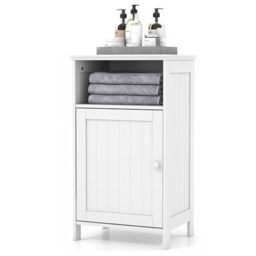 RELAX4LIFE Bathroom Floor Cabinet, Single Door Side Cabinet Bathroom Unit with Open Compartment & 3-Position Adjustable Shelf, Freestanding Storage Cupboard Organizer for Hallway Living Room (White)