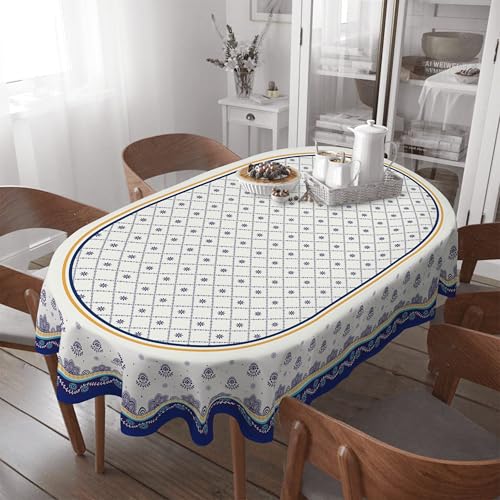 Virtumob Polish Pottery Style Tablecloth, Blue Ceramic Table Cloth, Farmhouse Tablecover for Oval Tables 60 x 84, Perfect for Kitchen Dinner, Restaurant,Holiday Picnic Party Table Cover