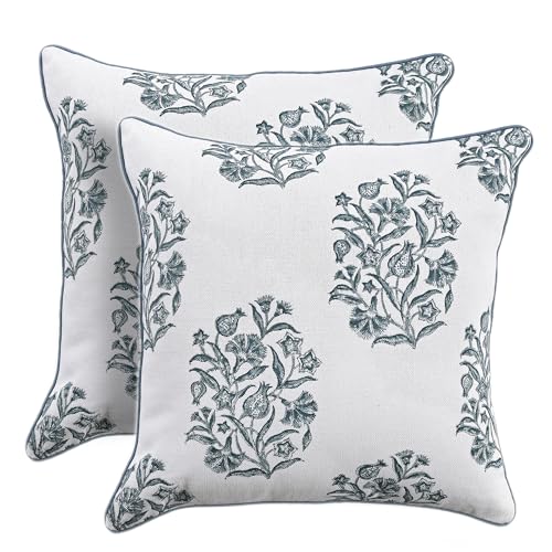 CPC Throw Pillow Covers for Couch, 24x24 Inch Decorative Couch Pillows for Living Room, 100% Cotton Boho Cute Outdoor Pillows, Flower Pillow Covers or Preppy Throws-Indigo Blue