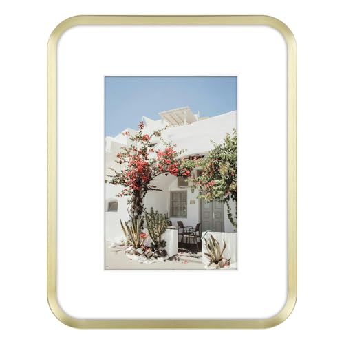 8x10 Aluminum Picture Frame Gold - With Round Corners - With Mat for 5x7 Photo or Without Mat for 8 x 10 Photo - Real Glass - Matte Design - Home Decor for Wall Display