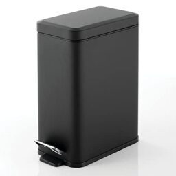mDesign Pedal Bin — Waste Bin with Pedal, Lid and Plastic Bucket Insert for Bathroom, Kitchen, and Office — Metal Household Rubbish Bin with Ergonomic Design — Black