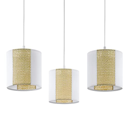 EGLO Arnhem Pendant Light 3-Bulb Vintage Boho Hygge Hanging Lamp Made of Steel, Paper and Seagrass in White, Natural, Dining Table Lamp, Living Room Lamp Hanging with E27 Socket, Diameter 96 cm