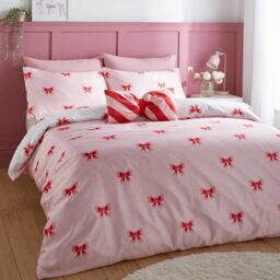 Sassy B Dotty Bows Soft Microfibre Reversible Double Duvet Cover Set with Pillowcases Pink