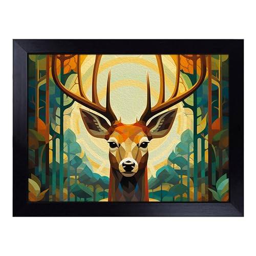 Lap Tray with Bean Bag Cushion, Deer Art Deco Art - Handmade in the UK, Raised Wooden Edge, Padded Cushion, Heat-Resistant Wipe-Clean Surface, for Meals, Laptops and Crafts