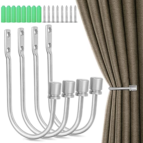 Curtain Holdbacks 4 Pack, Curtain Tiebacks for Curtains, Brushed Nickel Curtain Holders Pull Backs for Wall Drapery Tieback Hooks for Indoor Outdoor