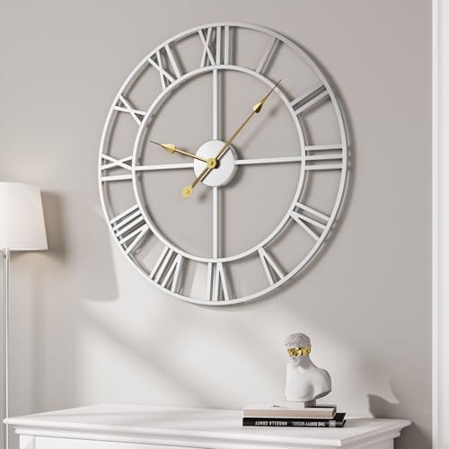 Cuspin 30 Inch Large Wall Clock, Modern Silver Metal Big Decorative Wall Clock Home Decor, Battery-Operated Roman Numeral Analog Metal Round Wall Clocks for Living Room, Bedroom, Office