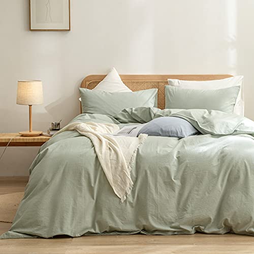 BESTOUCH Duvet Cover Set 100% Washed Cotton Linen Feel Super Soft Comfortable Chic Lightweight 3 PCs Home Bedding Set Solid Sage Green Full/Double