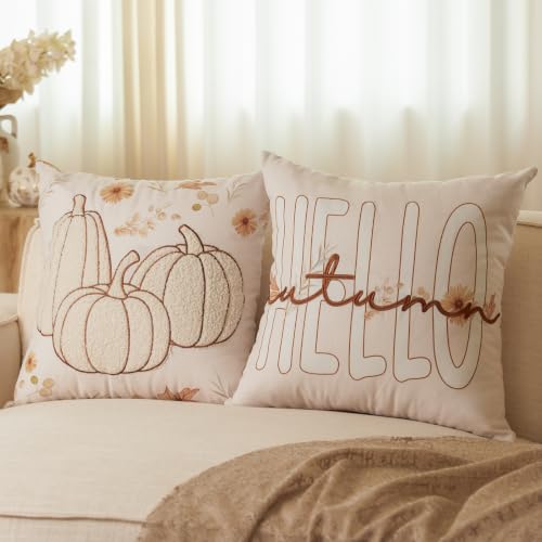 DN DECONATION Autumn Cushion Cover, 45 x 45 cm, Set of 2, White Cushion Covers, Pumpkin Decorative Cushion Covers, Sofa Cushion, Autumn Decoration, Indoor Pumpkin Cushion for Living Room, Couch