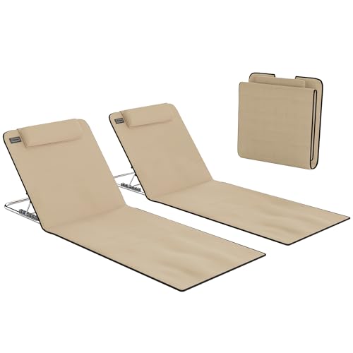 Outsunny Set of 2 Foldable Garden Beach Chair Mat Lightweight Outdoor Sun Lounger Seats Adjustable Back Metal Frame PE Fabric Head Pillow w/Carry Bag, Beige
