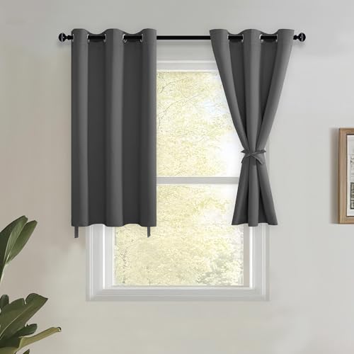 JIUZHEN Dark Grey Blackout Curtains with Tiebacks Thermal Insulated, Light Blocking and Noise Reducing Grommet Curtains for Bedroom and Living Room, Set of 2 Window Curtain Panels, 34 x 24 Inch Length
