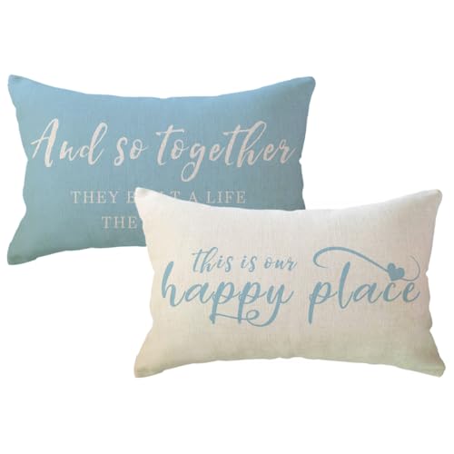 "ULOVE LOVE YOURSELF Home Saying Throw Pillow Covers with Our Happy Place Quote Rustic Farmhouse Decor Lumbar Pillow Cases 12"" x 20"",2Pack Housewarming Gifts for Sofa/Couch/Porch (Light Blue)"