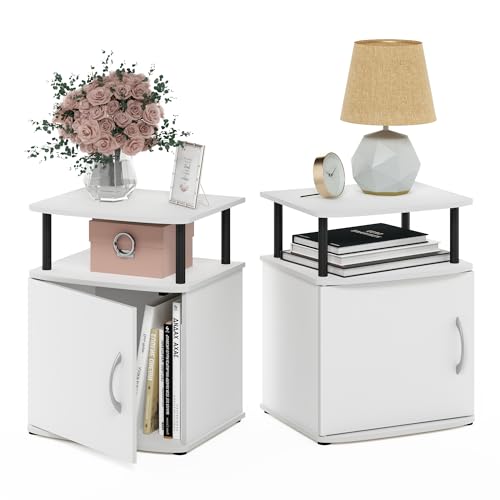 Furinno JAYA Side Table Set of 2, 2-Tier Open Shelf End Table with Door Cabinet, Soft-edges Night Stand, Bedside Table, for Living Room, Bedroom, White