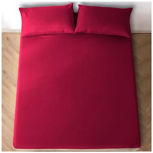 4ft Fitted Bed Sheet- Polycotton Small Double Fitted Sheet with Elasticated Corners- Machine Washable, Breathable Fitted Sheets- Red