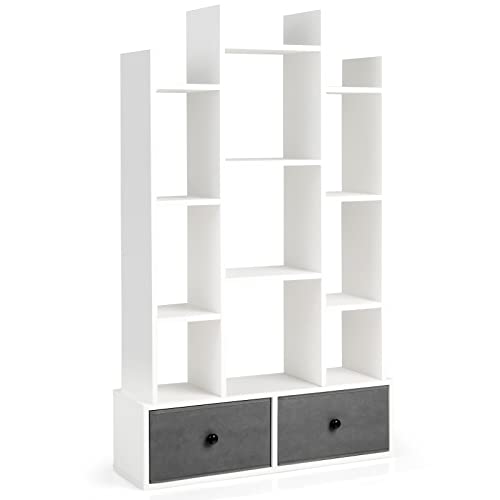CASART Tree-Shaped Bookshelf, Wooden Bookcase with 1/2 Drawers, 7/12 Cubes & Anti-Tipping Device, Floor Standing Display Shelf for Living Room Bedroom Office (White, 12 Cubes + 2 Drawers)