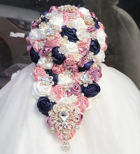 "Mhojpik Luxury Cascade Bridal Wedding Bouquet Satin Rose Waterfall Holding Bouquet Artificial Flower Bunch for Bride Bridesmaid(Ivory, Navy, Blush & Smoky Rose, 15"" x 7.5"")"