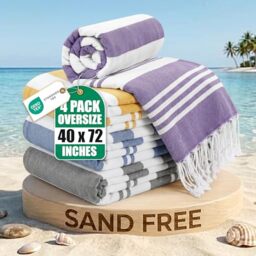 Utopia Towels - 4 Pack Turkish Beach Towel (40 x 72 Inches) - 100% Cotton Oversized Sand Free Quick-Dry Turkish Towel, Prewashed for Soft Feel, Large Peshtemal Towel (Grey, Navy, Purple, Buff)