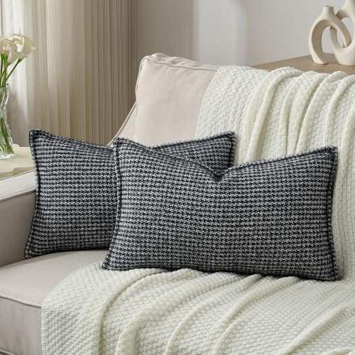 FUTEI Black Decorative Throw Pillow Covers 12x20 Inch Set of 2,Soft Houndstooth Textured Lumbar Pillow Cases,Modern Home Decor for Couch Bed Living Room