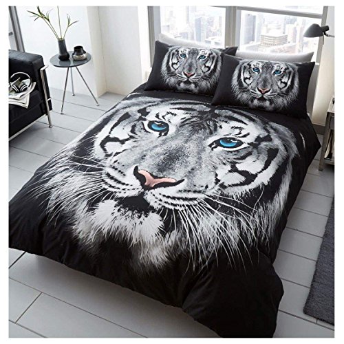 GAVENO CAVAILIA Easy Care Wildlife Bedding, 3D Animal Duvet Cover Tiger Face Wild Life Quilt Set Luxury Beding, Polycotton, White, DOUBLE, 548904