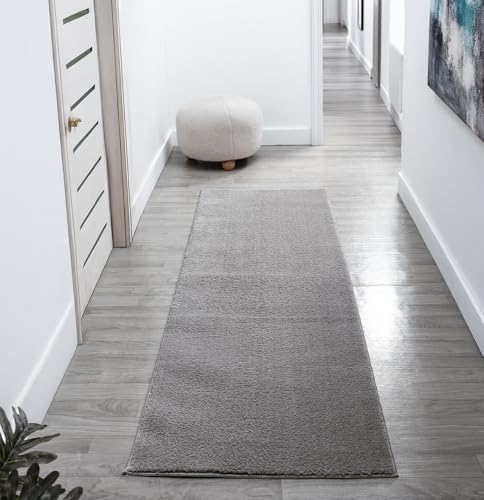 Rugs by Desire Comfy Washable Modern Living Room Rug Polyester Plain Indoor Area Rug with Low Pile - Anti-Slip Felt Backing SuperSoft Carpet Bedroom-Hallway, Dark Grey, 60x200 cm