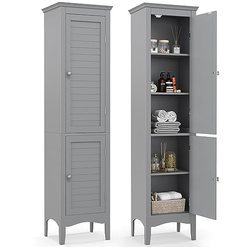RELAX4LIFE Bathroom Tall Cabinet, Double-Door Slim Storage Cupboard with 5-Tier Shelf, Floor-Standing Tallboy Unit Cabinet for Bathroom Living Room (3-Level Adjustable Shelf, 38x33x160cm, Grey)