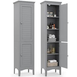 RELAX4LIFE Bathroom Tall Cabinet, Double-Door Slim Storage Cupboard with 5-Tier Shelf, Floor-Standing Tallboy Unit Cabinet for Bathroom Living Room (3-Level Adjustable Shelf, 38x33x160cm, Grey)