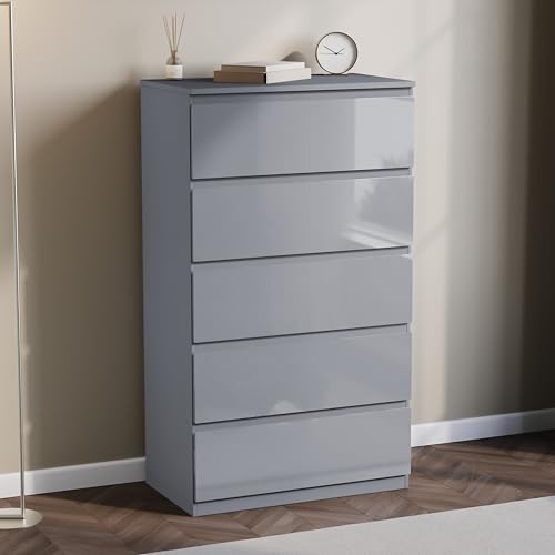 Vida Designs Glinton 5 Drawer Chest of Drawers - Grey - 112H x 70W x 40D cm - Stylish High-Gloss - Space-Saving Storage - Smooth Metal Runner - Easy Assembly - Modern Bedroom Furniture Unit