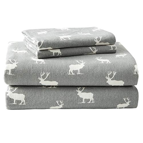 Eddie Bauer - Elk Grove Collection - 100% Cotton Flannel Sheet, 4-Piece Bedding Set, Pre-Shrunk and Brushed for Ultra Soft and Cozy Feel, Queen, Grey