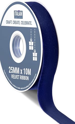 Italian Options Velvet Ribbon, Luxury, Single-Face Velvet Ribbon for Crafting, Christmas, Bows, Hair, Cakes, Weddings, Ornaments, Gift Wrapping, Flowers, 25mm x 10 Metre Roll, Navy