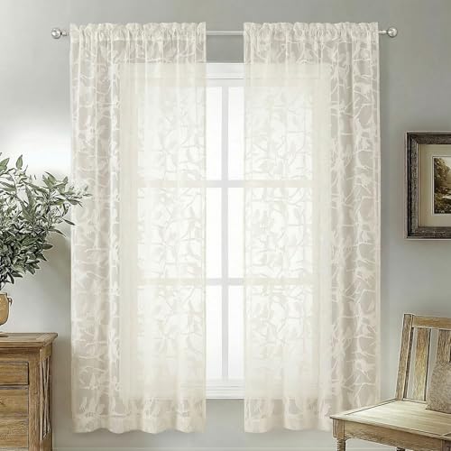 OVZME Ivory Sheer Curtains 63 Inch Length 2 Panel Set, Light Filtering Bedroom Curtains with Dual Rod Pocket Top, Leaf Bird Clip Jacquard Sheer Farmhouse Window Drapes for Living Room, 2x42Wx63L
