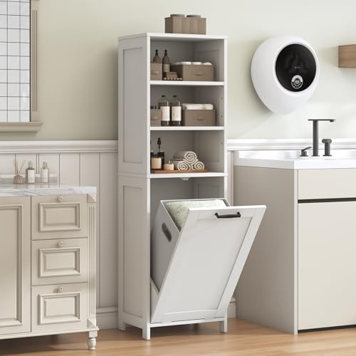 Feonase Compact Bathroom Cabinet with Detachable Laundry Hamper, Narrow Freestanding Storage Unit with 3 Open Shelves for Bathroom, Laundry Room, Hallway, White
