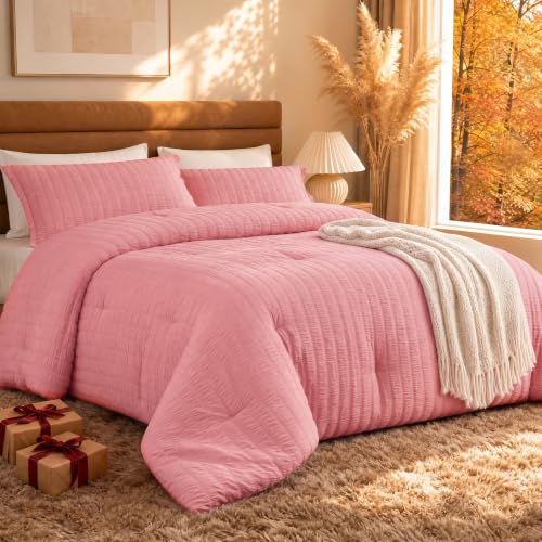 Quataly Queen Comforter Set Peach Pink,3PCS Seersucker Lightweight Bedding Comforter for All Season, Queen Size(90''??90'' Comforter & 2 Pillowcases)