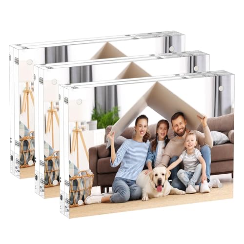 AITEE 5x7 Acrylic Picture Frames 3 Pack, 20% Thicker Block, Clear Picture Frames Freestanding Double Sided Magnetic Acrylic Lucite Frameless Transparent Square Frame Gift for Desktop Display