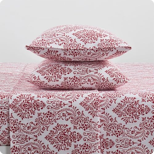 Tahari Home - Damask Collection - Red/White Cozy Triple Brushed Cotton Flannel Bed Sheet Set, Full, 4 Pieces