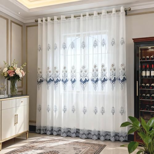 Amidoudou 1 Pair European Luxury Embroidered Sheer Curtains for Living Room Bedroom Tulle Curtains (White and Blue,51x84 Inch)