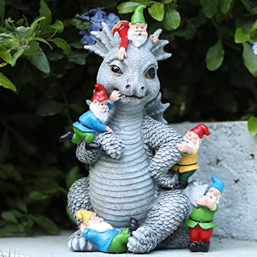Dragon Garden Statue, Dinosaur Play with Gnomes Garden Statues, Garden Gift - 13'' Resin Porch Dinosaur Garden Dragon for Yard, Patio, Porch, Lawn, Outdoor Decor and Gifts for Mother Grandma or Father