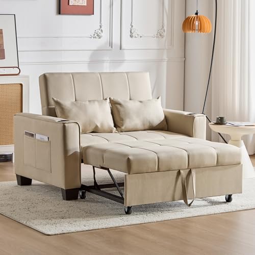 FurnitureR Comfort Chic Beige Sofa, Modern Upholstery, Fabric Material, Children's Furniture, Dual Functionality, Space-Saving Design