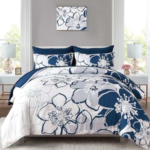 "Anibedding Navy Floral Comforter Set King Size 7 Piece, Blue Flower Bed in a Bag, Elegant Botanical Floral Comforter Soft Microfiber Complete Bedding Set for All Season, (Navy Blue, 104""x90"")"