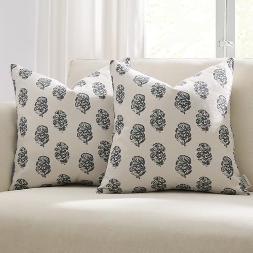 Meekio Set of 2 Dark Gray Floral Block Print Pillow Covers 18 x 18 inches Linen Throw Pillow Covers for Sofa Couch Decor