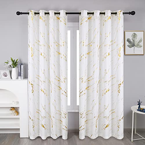 "Taisier Home Gold Foil Print Linen Textured Curtains - Geometric Marble Pattern Design for Living Room - Thermal Insulated Window Treatment, 2 Panels, 84"" L, Off White and Gold"