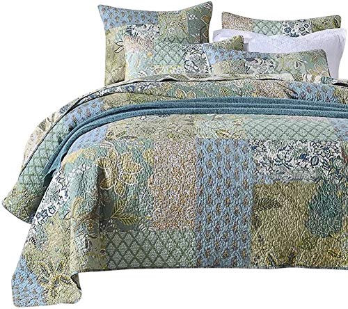 MaiuFun California King Quilt Set, 100% Cotton Oversized Bedspread(120 * 110 Inch), Reversible Bohemian Floral Patchwork, 3-Piece Lightweight Bedding Coverlet for All Season(1 Quilt + 2 Pillowcases)