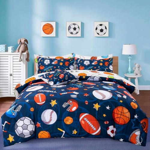 A Nice Night 6Pcs Bed in A Bag Queen Sports Microfiber Modern Comforter Set,Navy Rugby Ball Printed Bedding Collections,for Boys Kids Teen