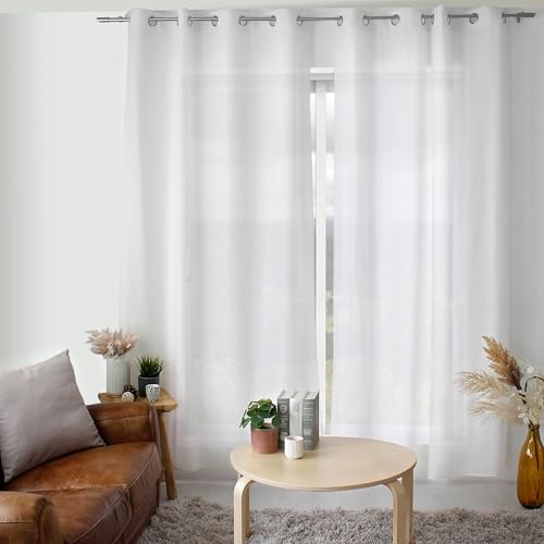 ED ENJOY HOME White Curtain 140 x 240 cm Metal Eyelets Microfibre Fabric Cotton Voile Look for Bedroom and Living Room