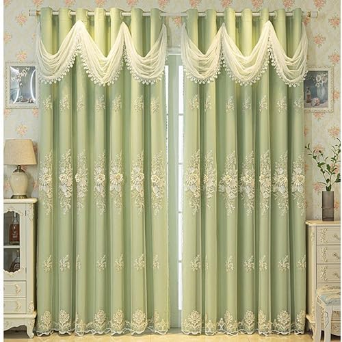 Amidoudou 1 Pair Luxury European Curtains with Wavy Valance for Living Room Bedroom Double Layer Embroidered Curtains (Green,52x96 Inch)