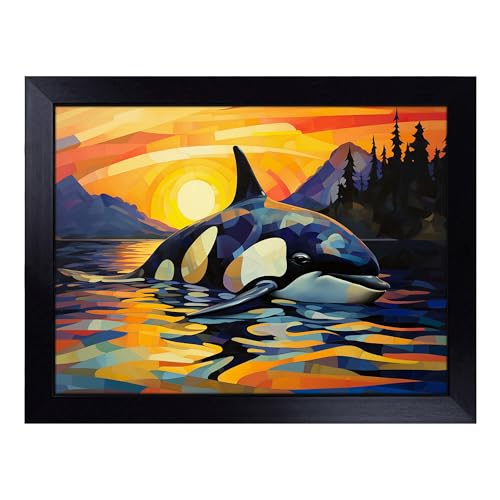 Lap Tray with Bean Bag Cushion, Orca Whale Cubism - Handmade in the UK, Raised Wooden Edge, Padded Cushion, Heat-Resistant Wipe-Clean Surface, for Meals, Laptops and Crafts