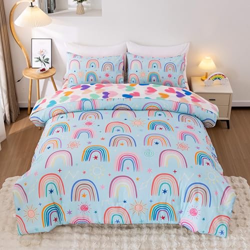 Btargot 5 Piece Light Blue Rainbow Duvet Set for Girls Boys Kids Cartoon Suns Stars Bedding Set Bed in a Bag with Duvet Sheets and Pillowcases Twin
