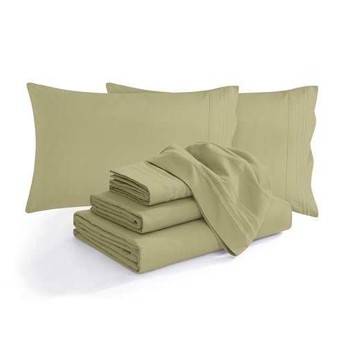 Elegant Comfort Luxury Soft 1500 Premium Hotel Quality Microfiber Wrinkle and Fade Resistant Cozy 6-Piece Bedding Set, Easy All Around Elastic Fitted Sheet, Deep Pocket, Queen, Sage/Green