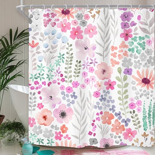 "Extra Long Purple Floral Watercolor Colorful Bathroom Shower Curtain Set - 72""W x 84""H Boho Cute waterproof HD print, quick-dry fabric with 12 hooks for easy hanging."