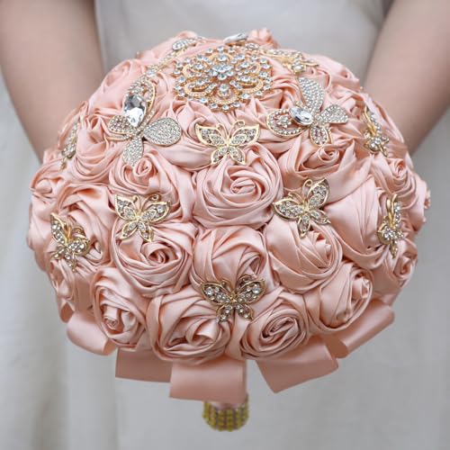 "Mhojpik Handmade Wedding Flowers Bouquet Round Holding Bridal Bouquet Toss Artificial Rose Bunch for Bride Bridesmaid Wedding Quinceanera (Peach Pink, 8.7"")"