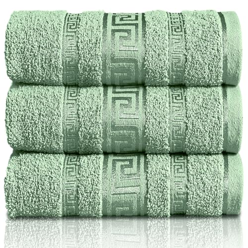 GC GAVENO CAVAILIA Greek Bath Sheet - Pack Of 3 100% Egyptian Cotton Towels Bath Sheets - Extra Large Soft Highly Absorbent Quick Dry Towel (90x150 cm) - 550 GSM Towels For Bathroom - Green